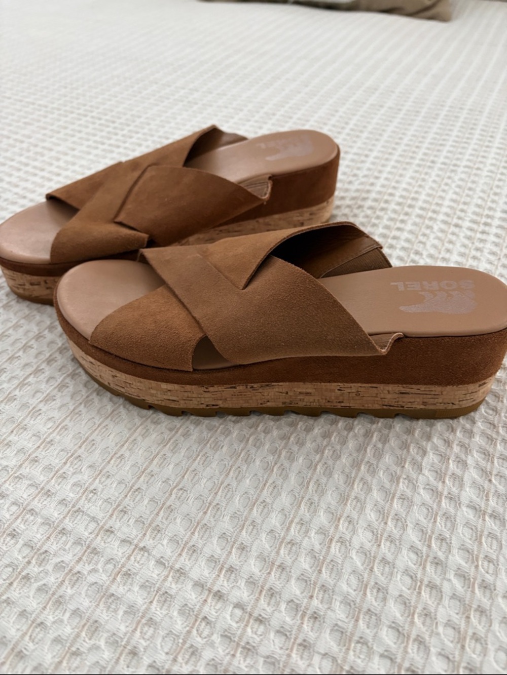 Sorel Tan Suede Platform Slide Mules